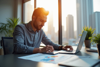 Analyste financier confiant au bureau avec graphiques et ordinateur
