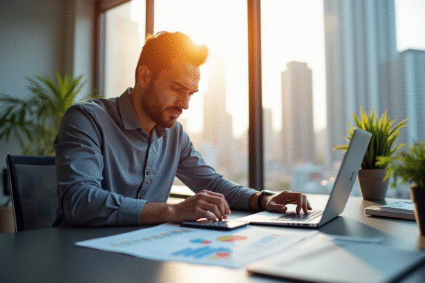 Analyste financier confiant au bureau avec graphiques et ordinateur