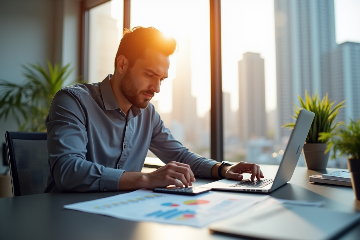 Analyste financier confiant au bureau avec graphiques et ordinateur