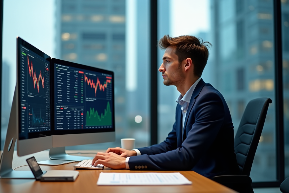 Jeune analyste financier devant ses écrans crypto