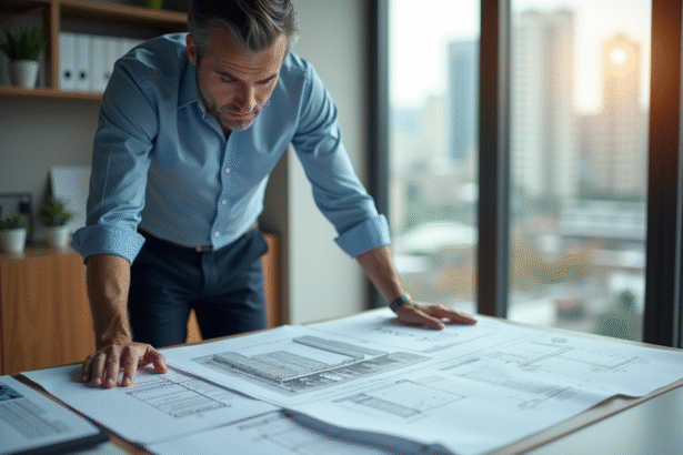 Architecte homme en bureau examinant plans et devis
