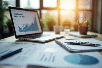 Bureau moderne avec rapport financier et graphique de capitalisation