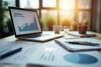 Bureau moderne avec rapport financier et graphique de capitalisation