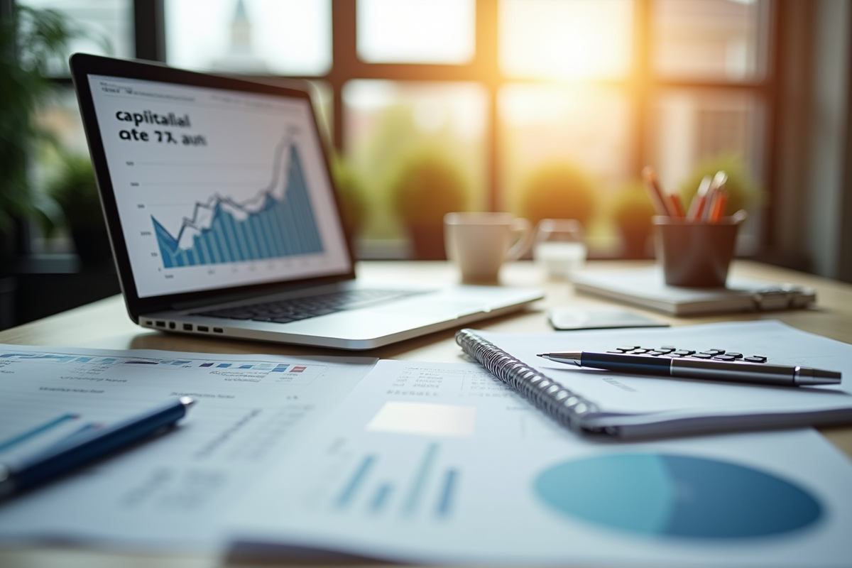 Bureau moderne avec rapport financier et graphique de capitalisation