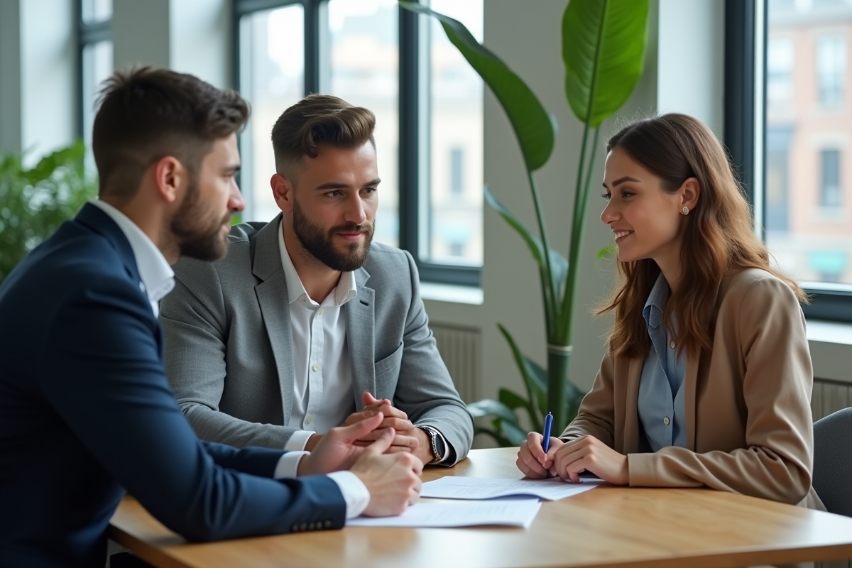 Jeune couple en discussion avec conseiller financier dans banque