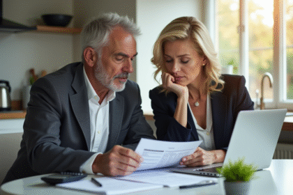 Couple d'âge moyen à la cuisine en train de revoir des documents financiers