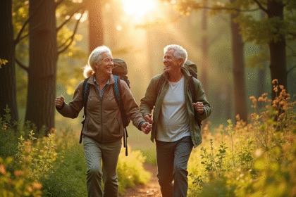 Couple senior heureux en randonnée dans la forêt