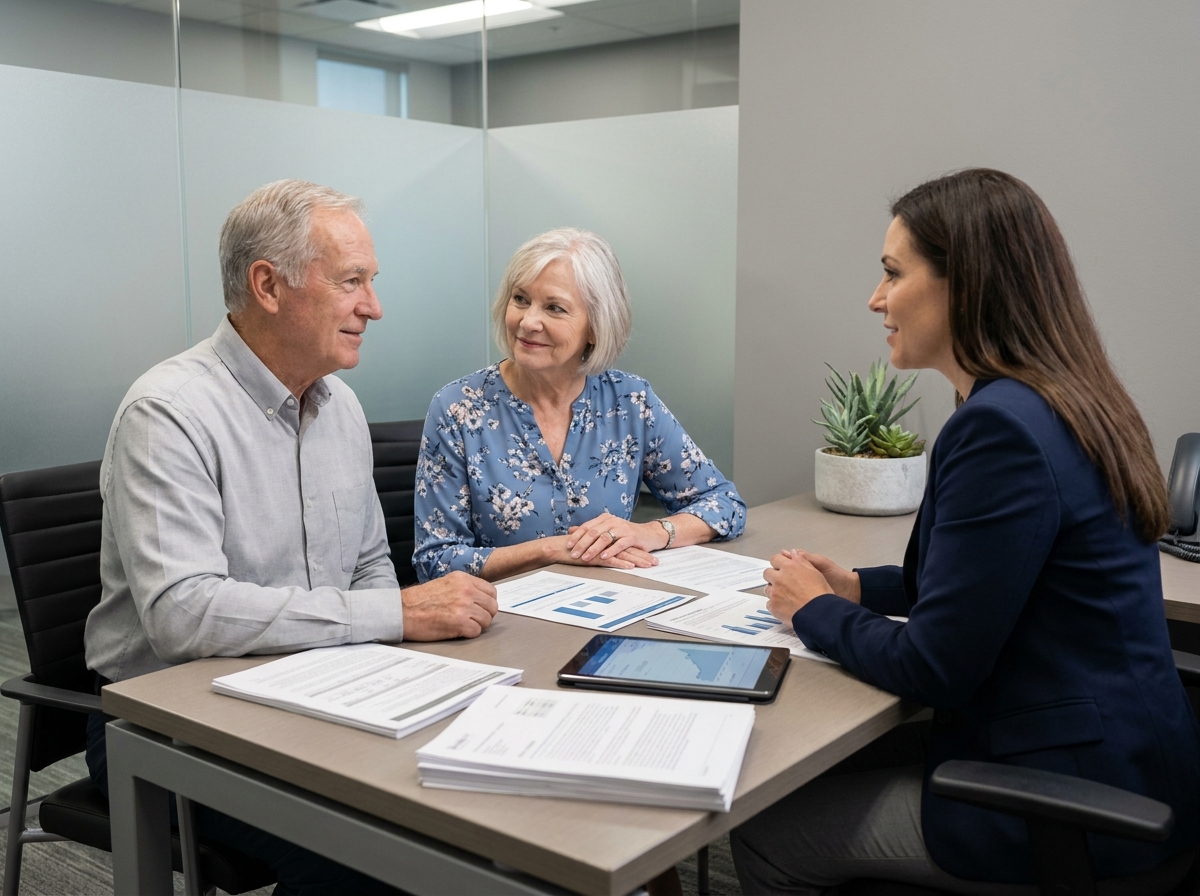 Couple de retraités consultant un conseiller financier pour optimiser leur mutuelle santé