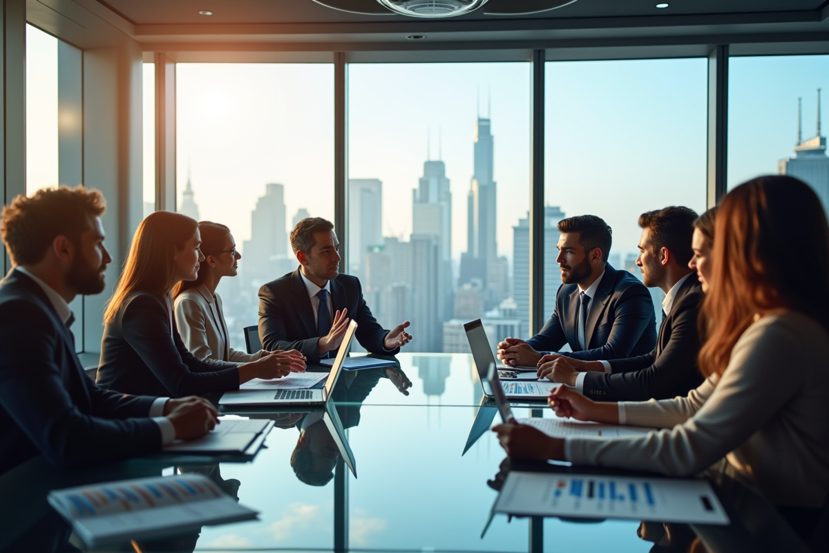 Groupe de professionnels en réunion dans un bureau moderne