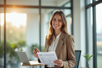 Femme d'affaires souriante avec document de securite sociale