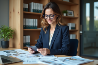 Femme d'affaires en bureau analysant documents immobiliers