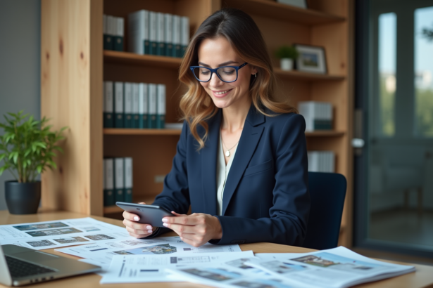 Femme d'affaires en bureau analysant documents immobiliers