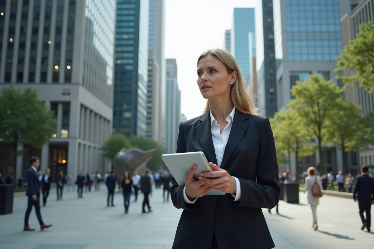 Femme d affaires dans la ville tenant une tablette avec crypto