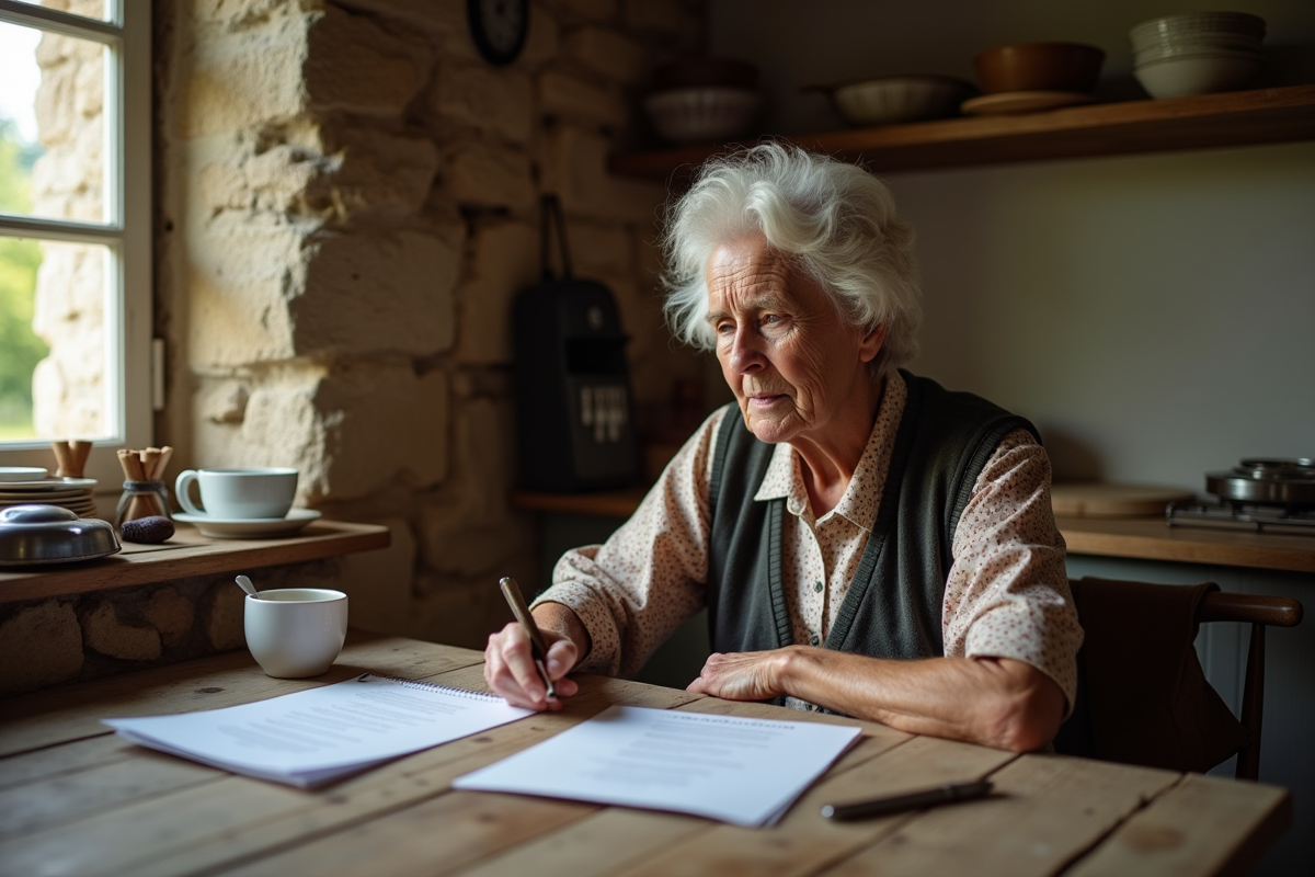 Femme paysanne retraitée consulte ses papiers à la maison