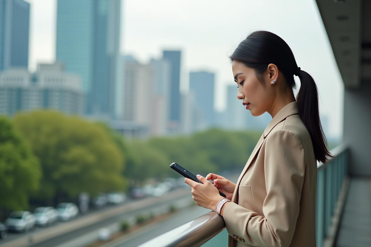 Jeune femme vérifiant des graphiques boursiers sur smartphone