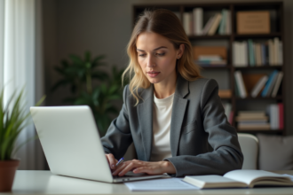 Femme d'affaires au bureau regardant son ordinateur portable