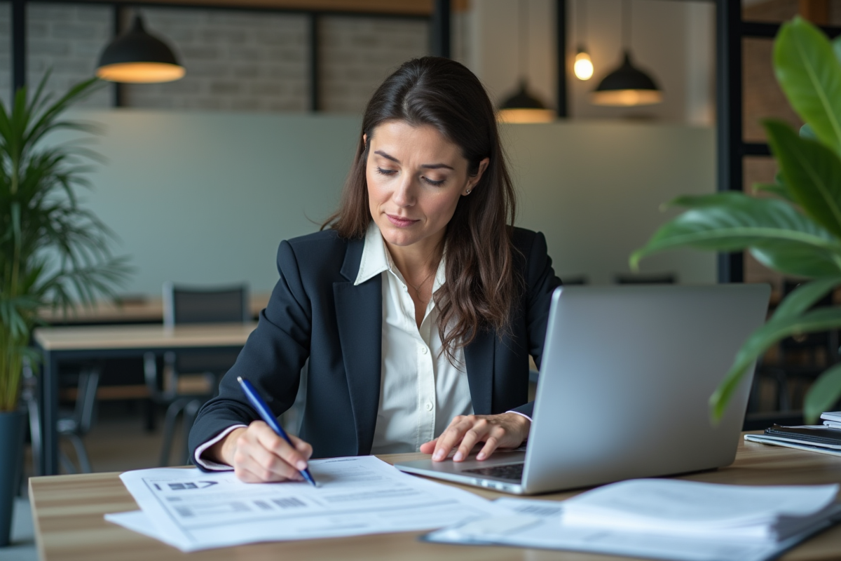 Femme d affaires lisant un rapport financier dans un bureau moderne