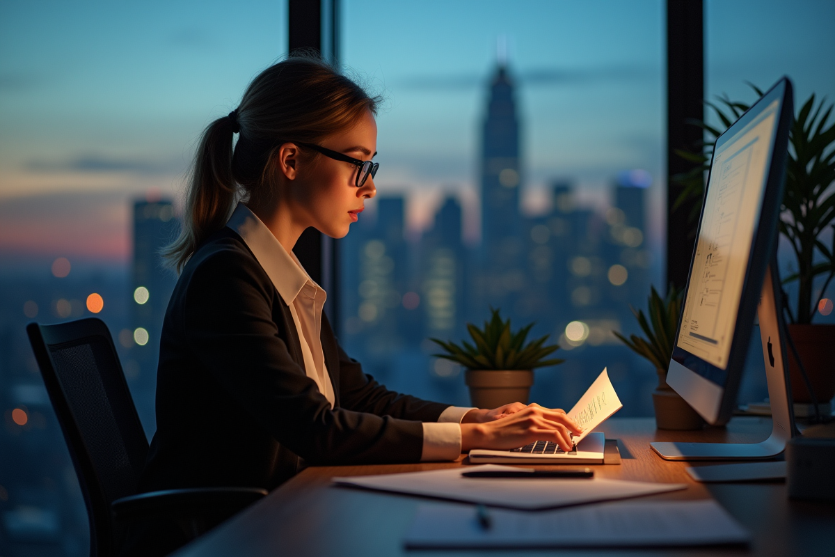 Jeune femme au bureau en soirée avec vue sur la ville