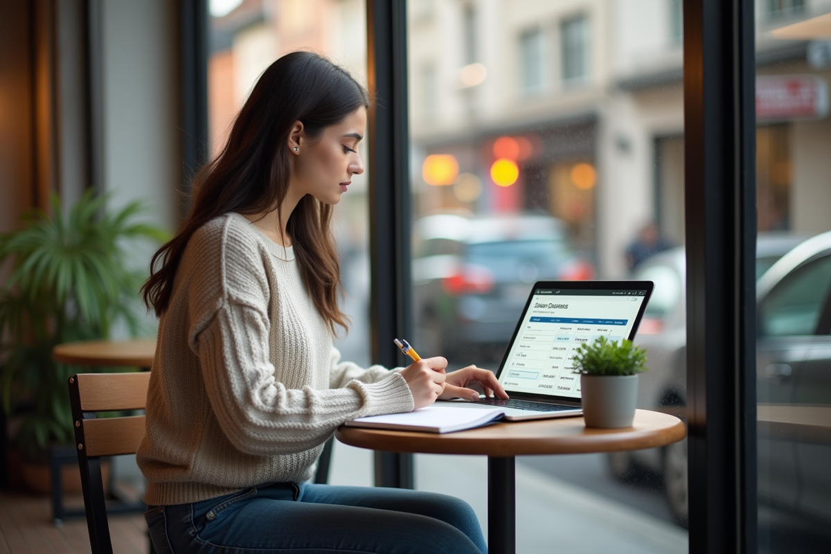 Jeune femme au café travaillant sur un ordinateur portable