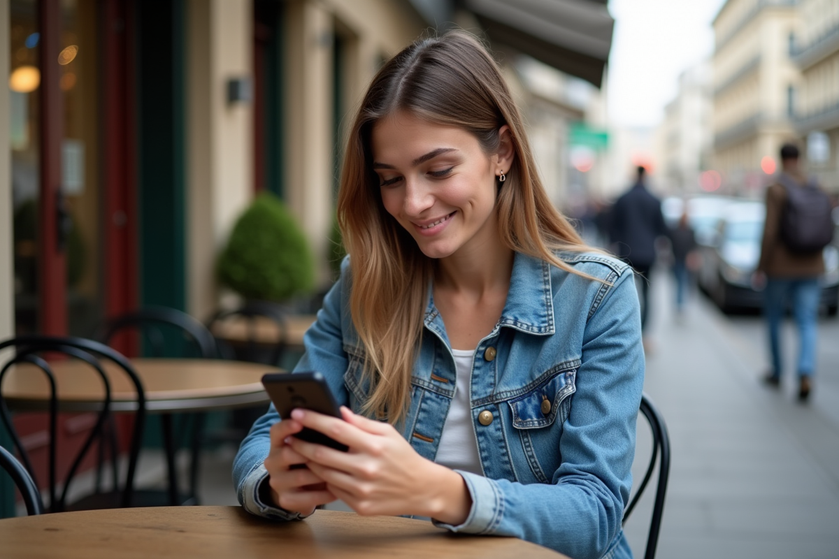 Jeune femme française vérifiant son application bancaire en terrasse