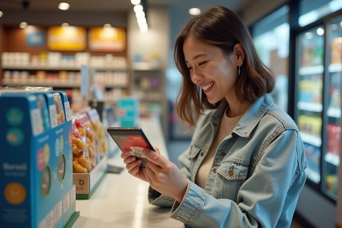 Femme souriante avec carte prépayée dans un magasin moderne