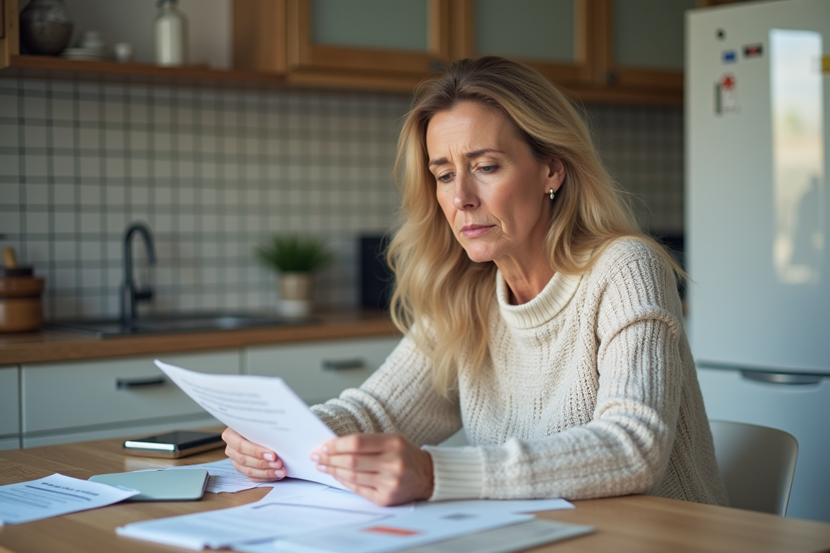 Femme d'âge moyen examinant des papiers à la maison