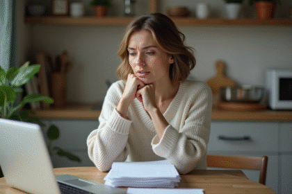 Femme assise à la maison pensant à ses papiers