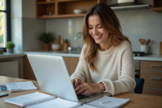 Femme souriante utilisant son ordinateur dans une cuisine chaleureuse