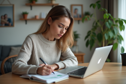 Femme en intérieur travaillant ses finances avec un ordinateur