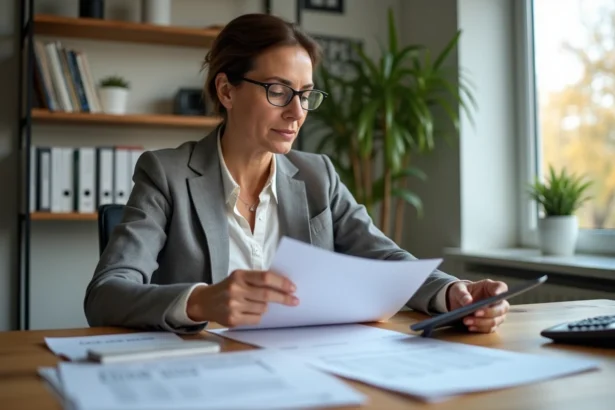 Femme d'affaires examinant documents fiscaux dans un bureau lumineux