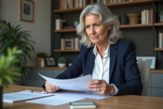 Femme d'âge moyen étudie des documents d'assurance dans un bureau