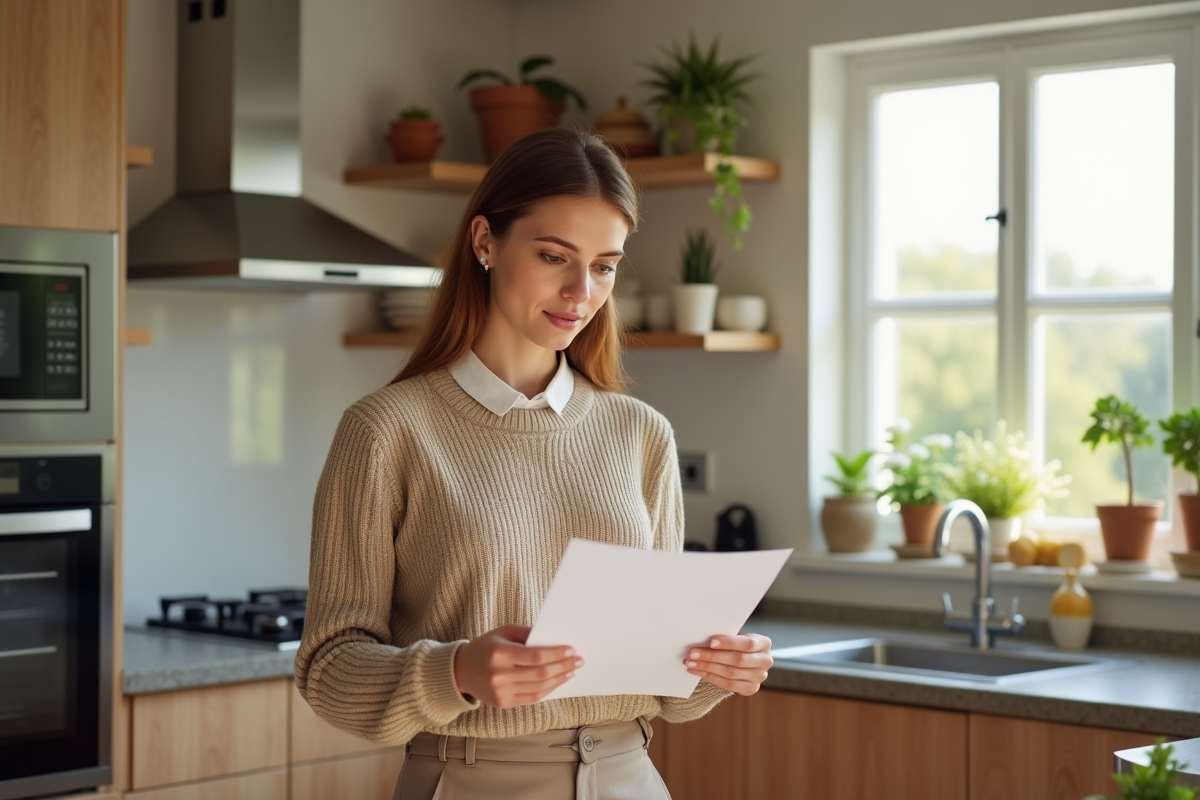 Jeune femme lisant une lettre dans une cuisine lumineuse