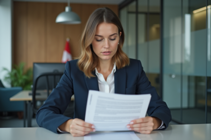 Femme canadienne en bureau lisant un document juridique