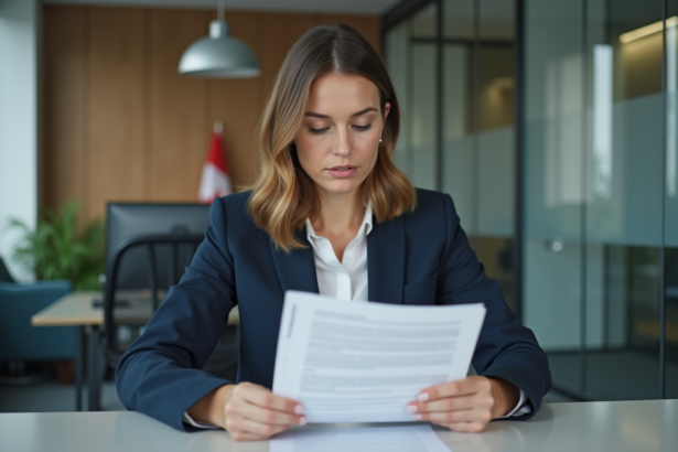 Femme canadienne en bureau lisant un document juridique