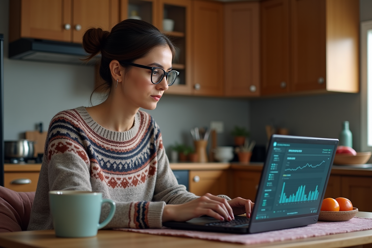 Femme surveillant ses statistiques de minage dans la cuisine