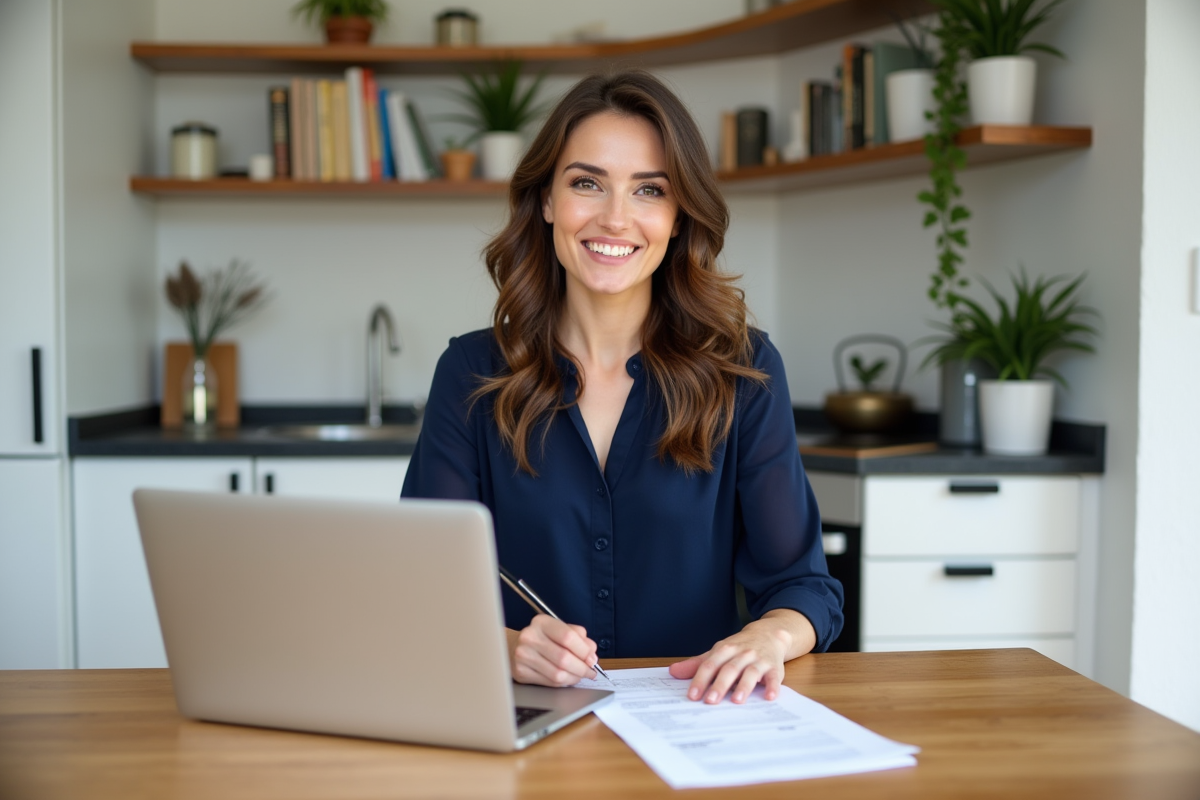 Femme souriante travaillant sur ses papiers et ordinateur dans une cuisine lumineuse