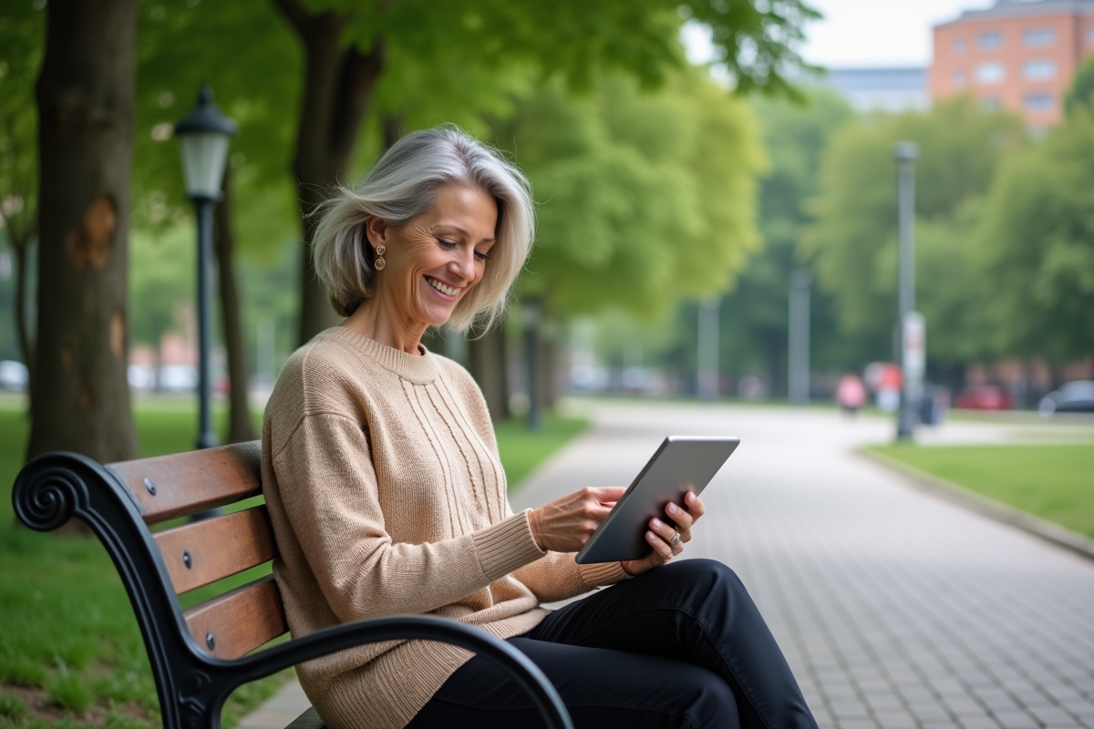 Femme souriante vérifiant son portefeuille financier en plein air