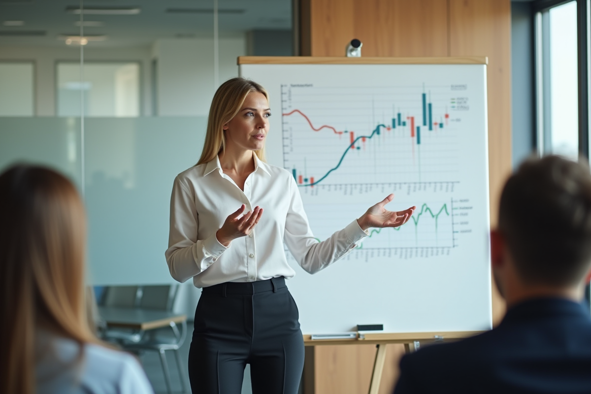 Femme professionnelle expliquant des diagrammes financiers