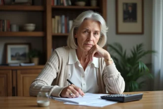 Femme retraitée examinant ses documents de retraite à la maison