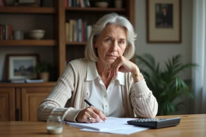 Femme retraitée examinant ses documents de retraite à la maison