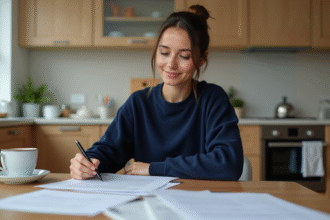 Femme en cuisine examine un contrat avec concentration