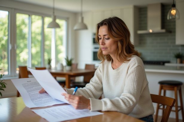 Femme d'une quarantaine examine des documents immobiliers à la maison