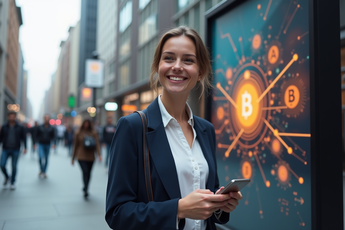 Femme souriante tenant un smartphone devant un panneau crypto en ville