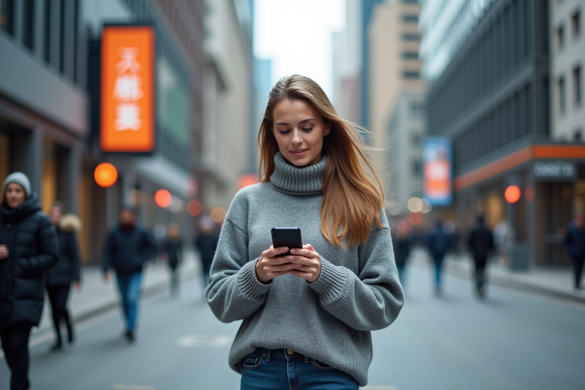 Femme urbaine regardant son smartphone avec crypto