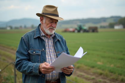 Agriculteur français âgé examine des documents en plein air