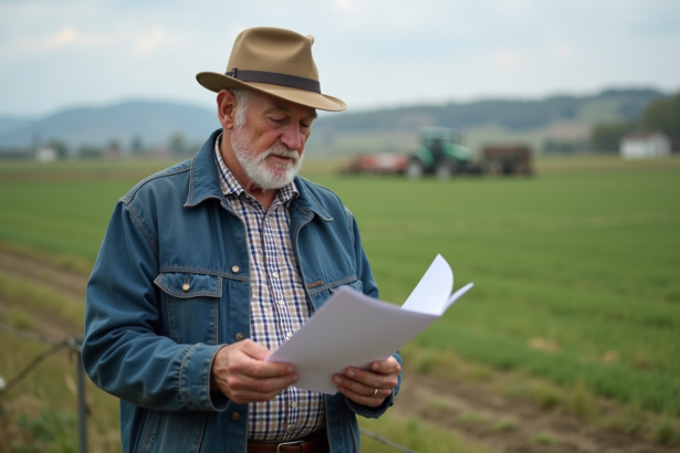 Agriculteur français âgé examine des documents en plein air