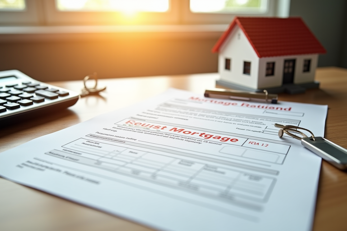 Formulaire de refus de prêt immobilier avec clés et maquette de maison