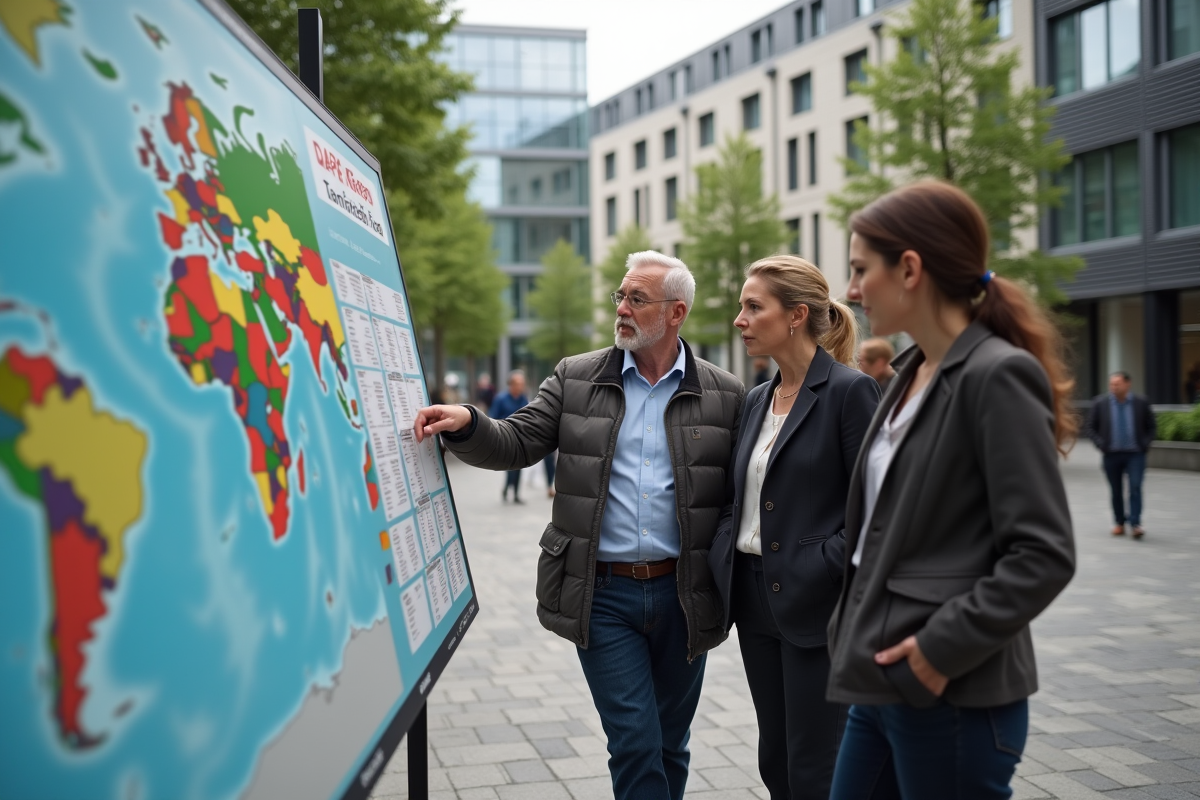 Groupe de personnes discutant devant une carte extérieure