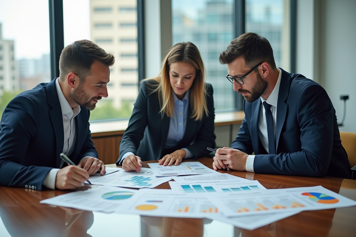 Groupe de professionnels discutant de documents fiscaux en réunion