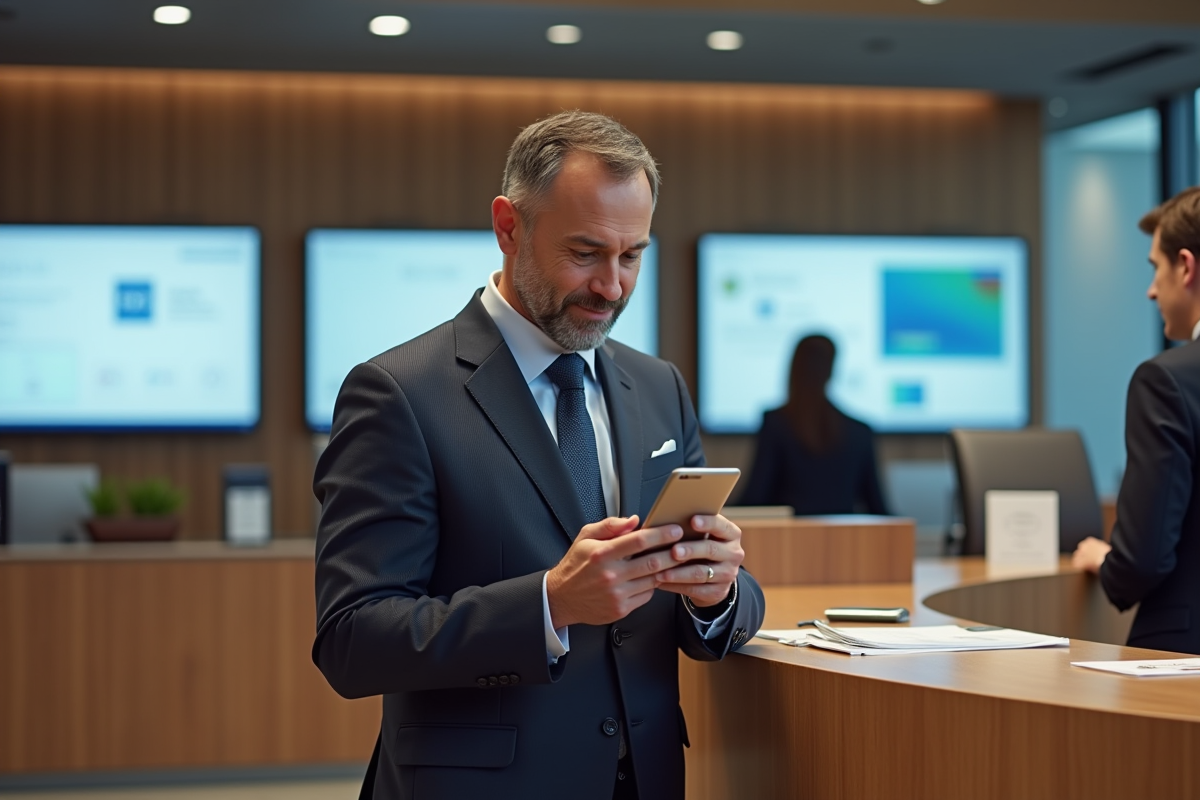 Homme d'affaires français vérifiant ses notifications dans une banque
